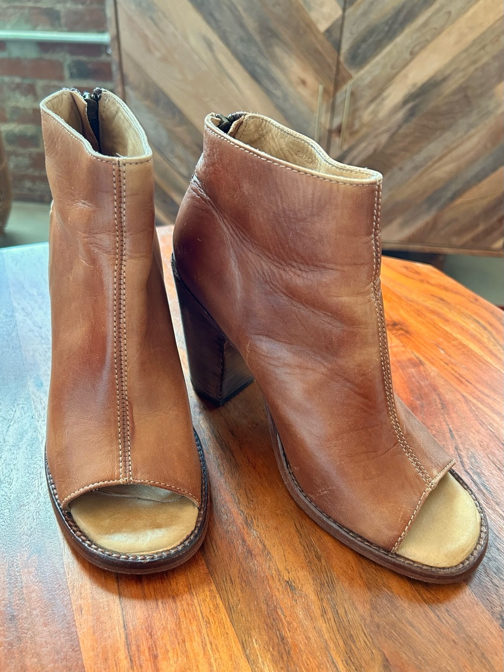 Bed Stu Peep Toe Leather Booties Tan Rustic - Size 8